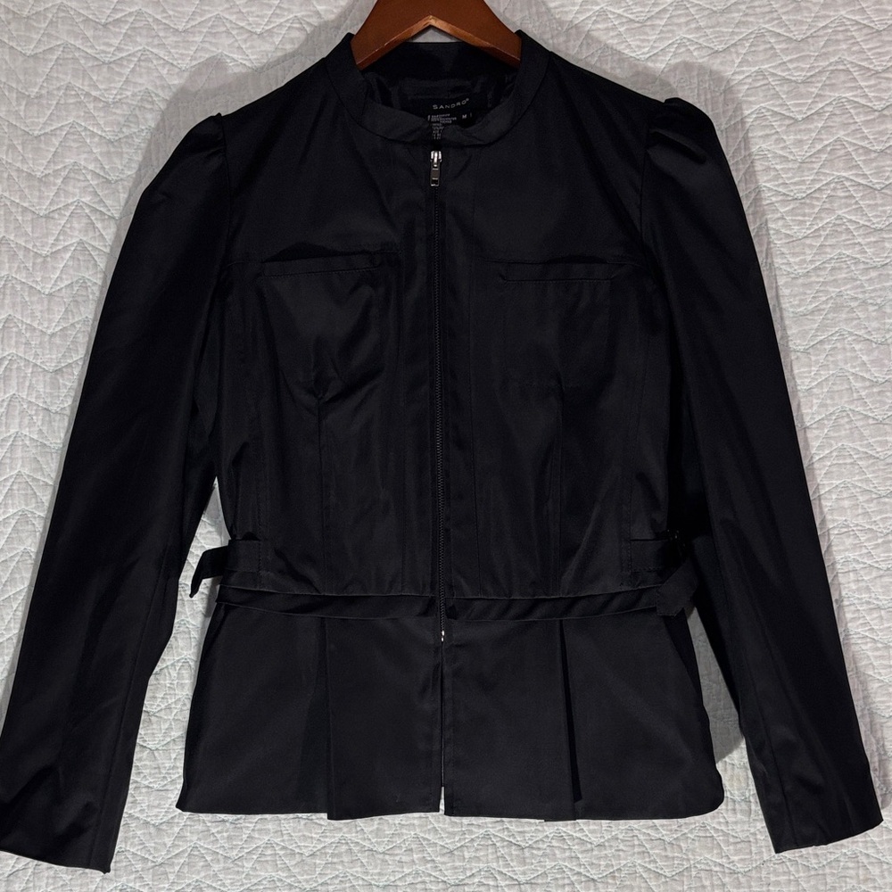 Sandro Black Zip-Up Structured Utility Jacket Pleated Peplum